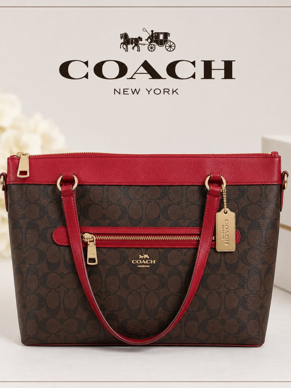 Coach Brown Signature Tote with Red Trim and Gold Hardware